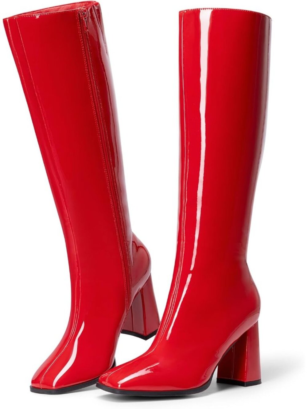 DREAM PAIRS Women's Red-pat Knee High Chunky Gogo Boots Square Toe Side Zipper